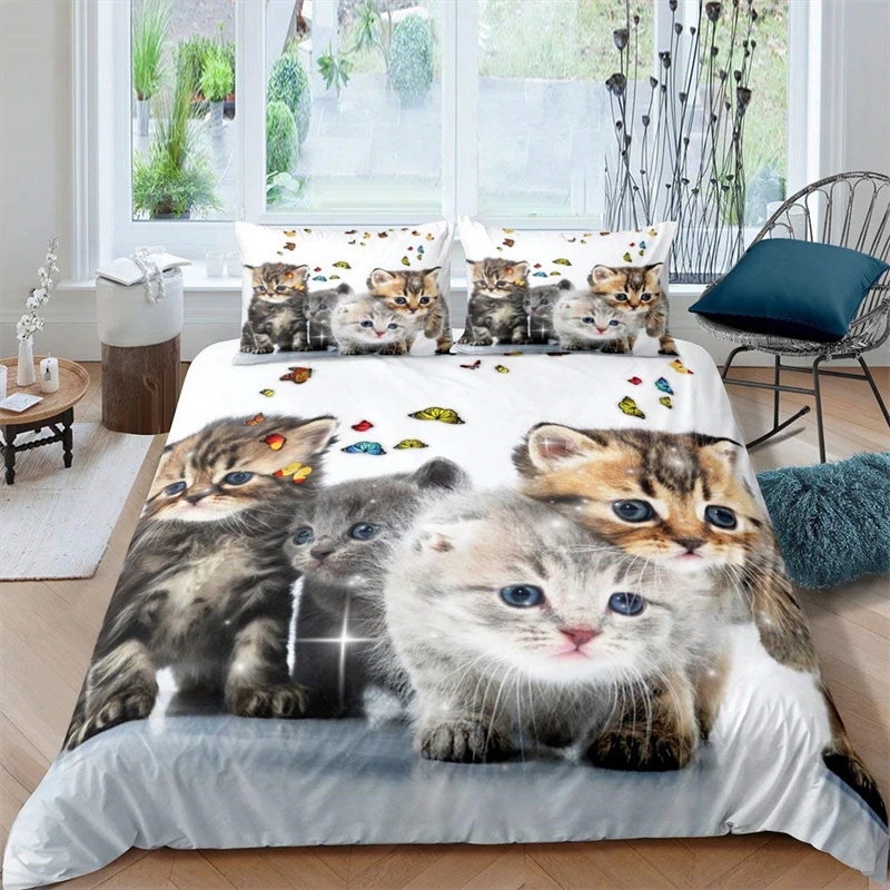 

Cute Cat Bedding Comforter Set Full Size, Colorful Butterfly Decor Duvet Cover for KidsTeens Boys Girls, Animal Pet Quilt Cover