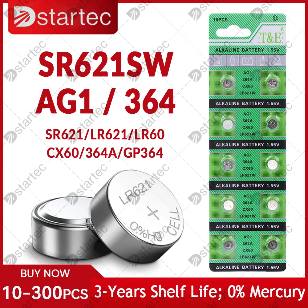 10-300 шт 2024 - Новые 1.55V AG1 LR621 364 164 531 SR621 SR621SW SR60 Пуговицы Батарейки Часы Игрушки Пульт