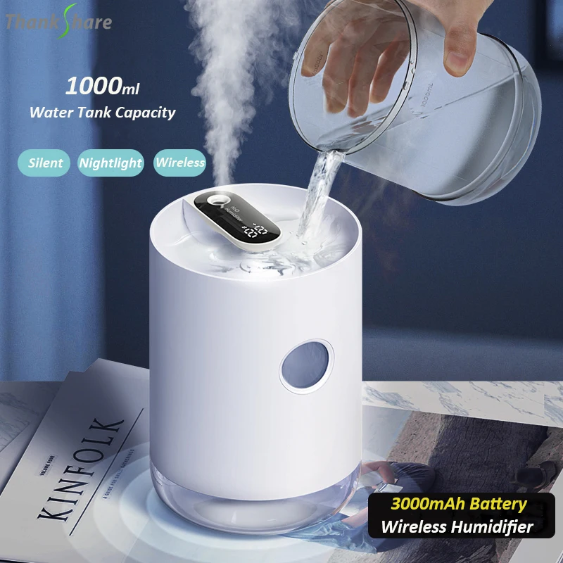 

1000ml Home Air Humidifier 3000mAh Portable Wireless USB Aroma Water Mist Diffuser Battery Life Show Aromatherapy Humidificador