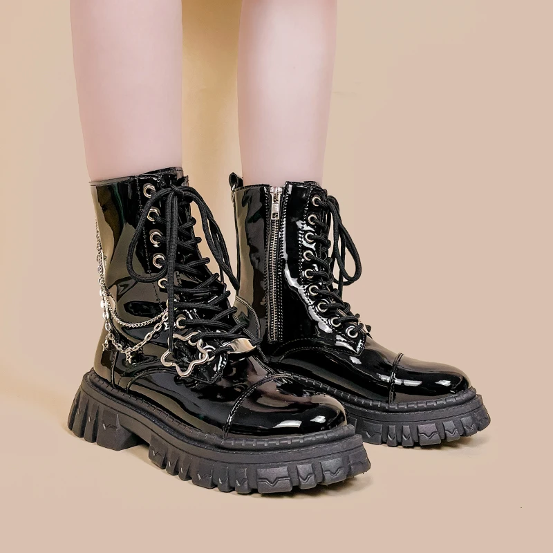 Женские ботинки в стиле ретро Amy and Michael черные модные боевые до середины икры на