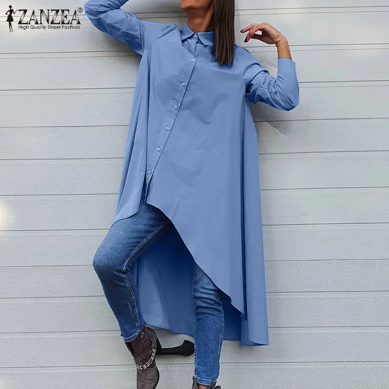 

Oversized Fashion OL Asymmetrical Blouse Shirts 2022 Women's Long Sleeve Tops Tunic ZANZEA Casual A-line High Low Blusas Chemise