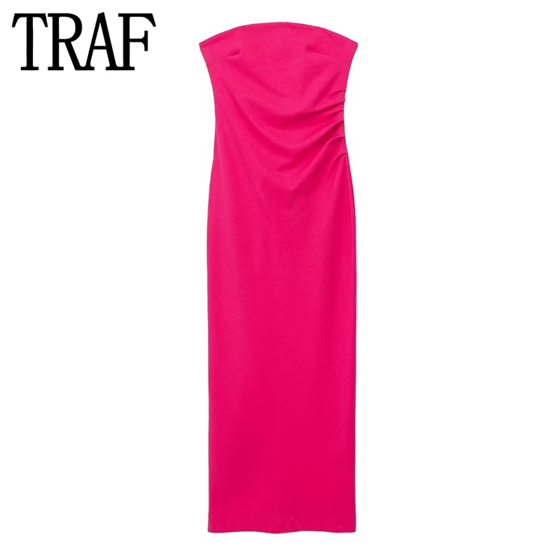 

TRAF Rose Corset Dress Woman Ruched Long Dress Women Off Shoulder Bodycon Midi Dresses for Women 2023 Summer Backless Midi Dress
