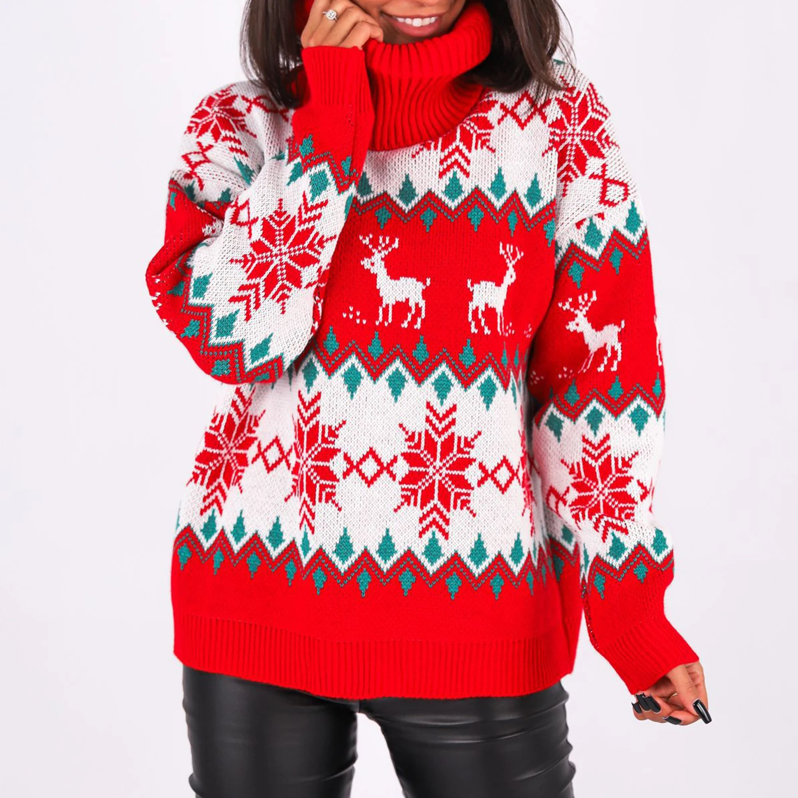 

Ladies Knitwear Shirt Top Long Sleeve Women Crochet Pullovers Top Casual Style Christmas Jacquard Turtleneck Vacation Suit