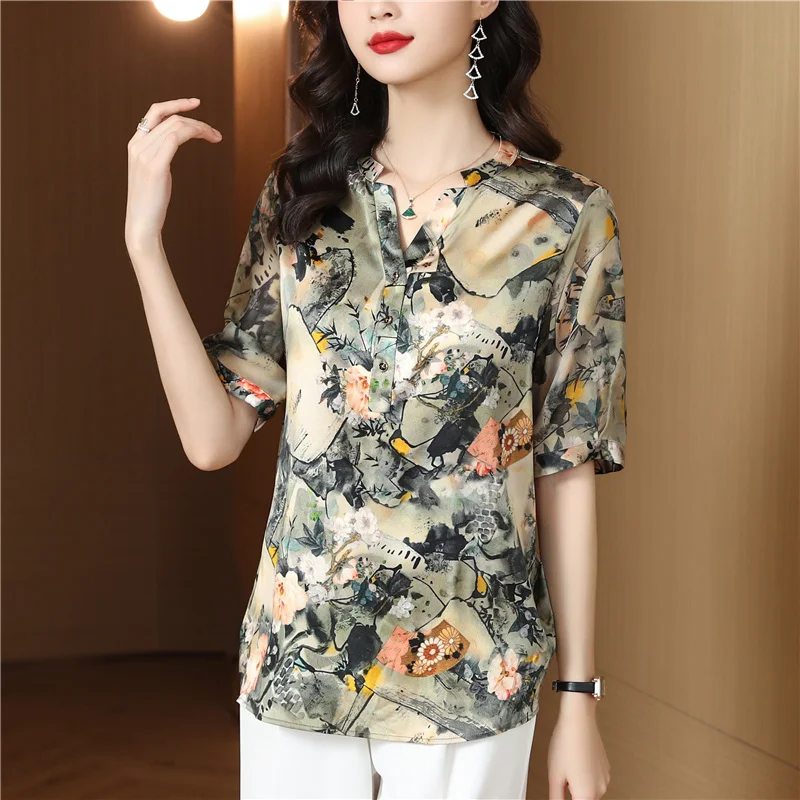 

Satin Women's Blouse New Fashion V-neck Casual Short Sleeve Top Printing Summer Female Clothes