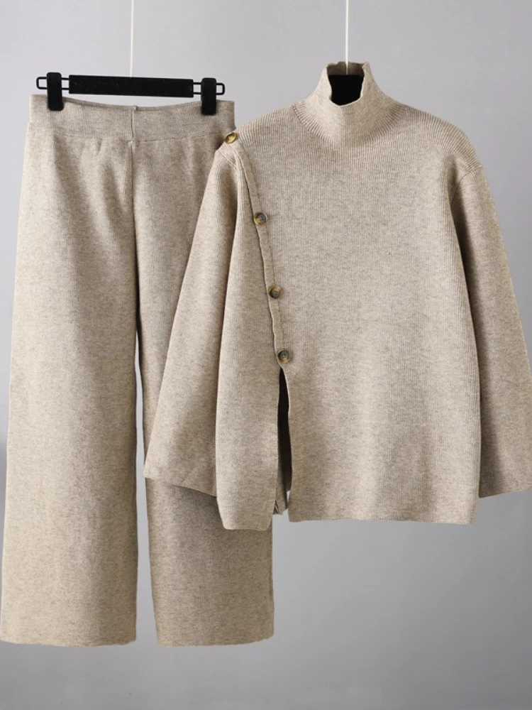 

Sweater 2 Piece Sets Womens Outfits 2023 Autumn Winter Turtleneck Slit Knit Pullover Top Wide Leg Pants Two Piece Set Streetwear