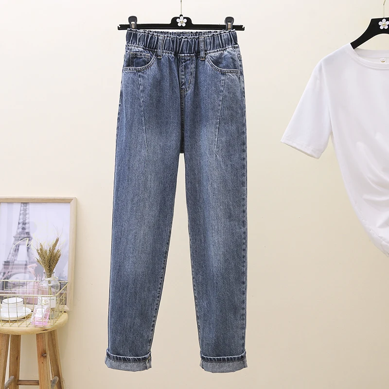 

Women Clothes Jeans High Waist Solid Loose Harajuku Fashion Spring Autumn Blue Elastic Waist Casual Denim Trousers Streetwear