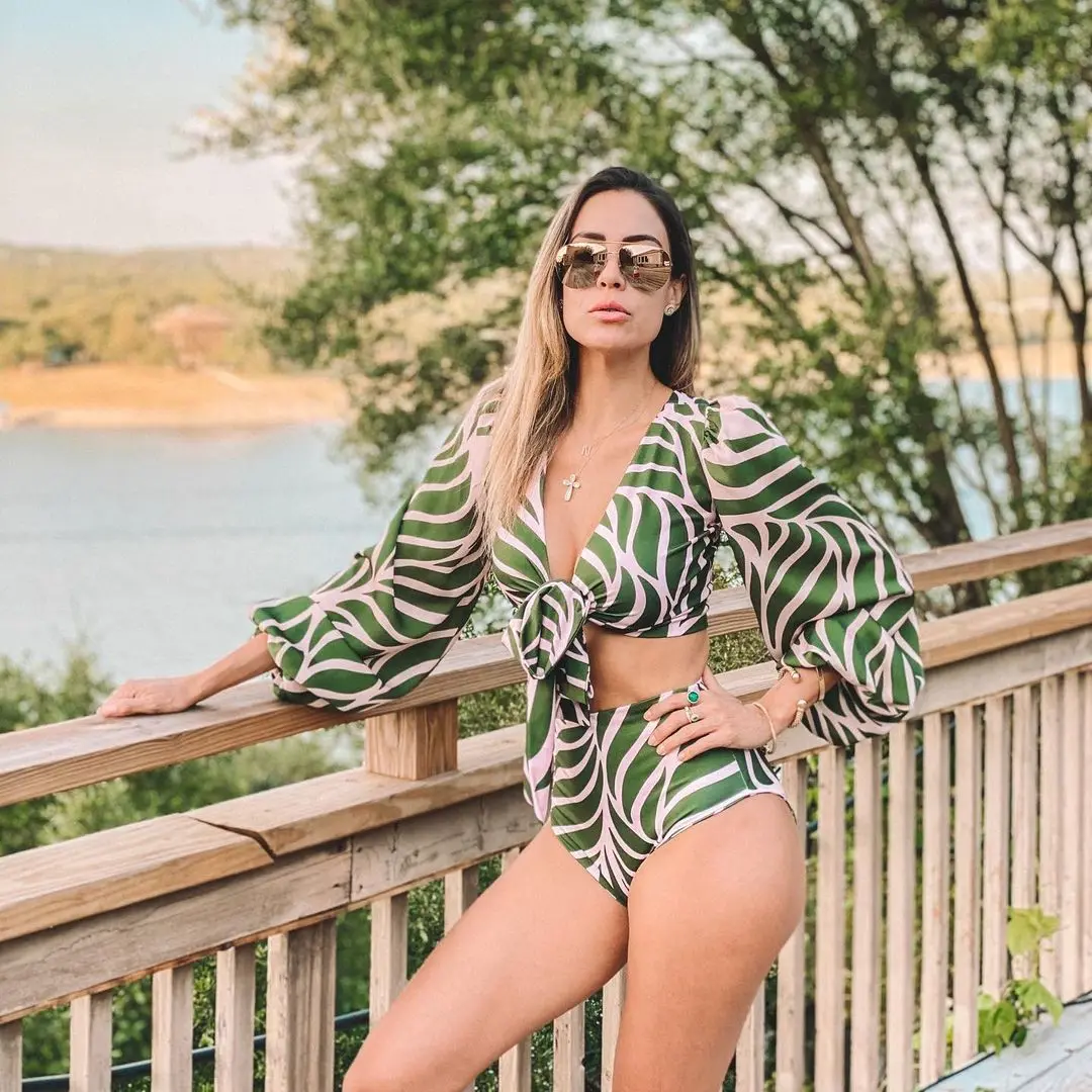 

Women's Swimming Suit New Elastic Mesh Long Sleeve Split Bikini High Waist
