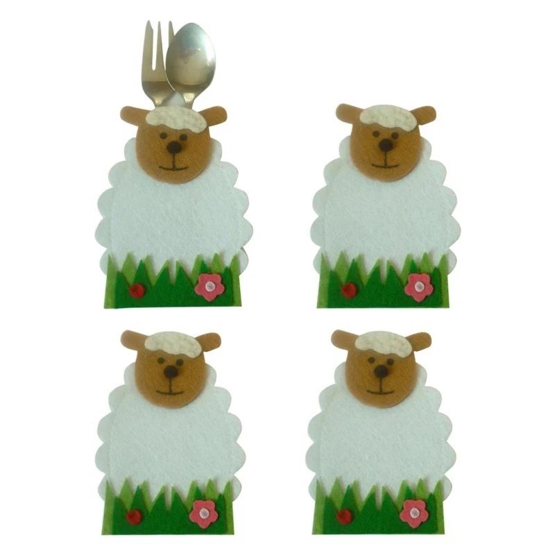 

4pcs Non-woven Cartoon Sheep Knife Fork Bags Tableware Covers Cutlery Holder Easter Decoration Kitchen Dining Table Decorations