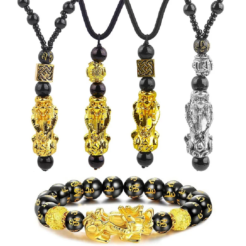 Pi Xiu Bracelets Necklace Set Feng Shui Black Obsidian Fortune Bracelet Beads Women Men Unisex Adjustable Elasticity 10mm 12mm