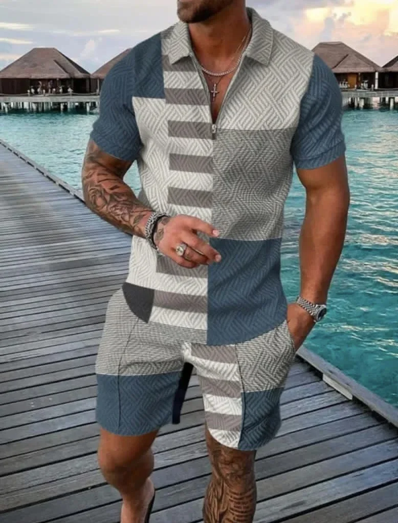 Men's Suit Summer New 3D Printing Digital Printing Casual Color Contrast POLO Zipper Lapel Shirt Short Sleeve Suit