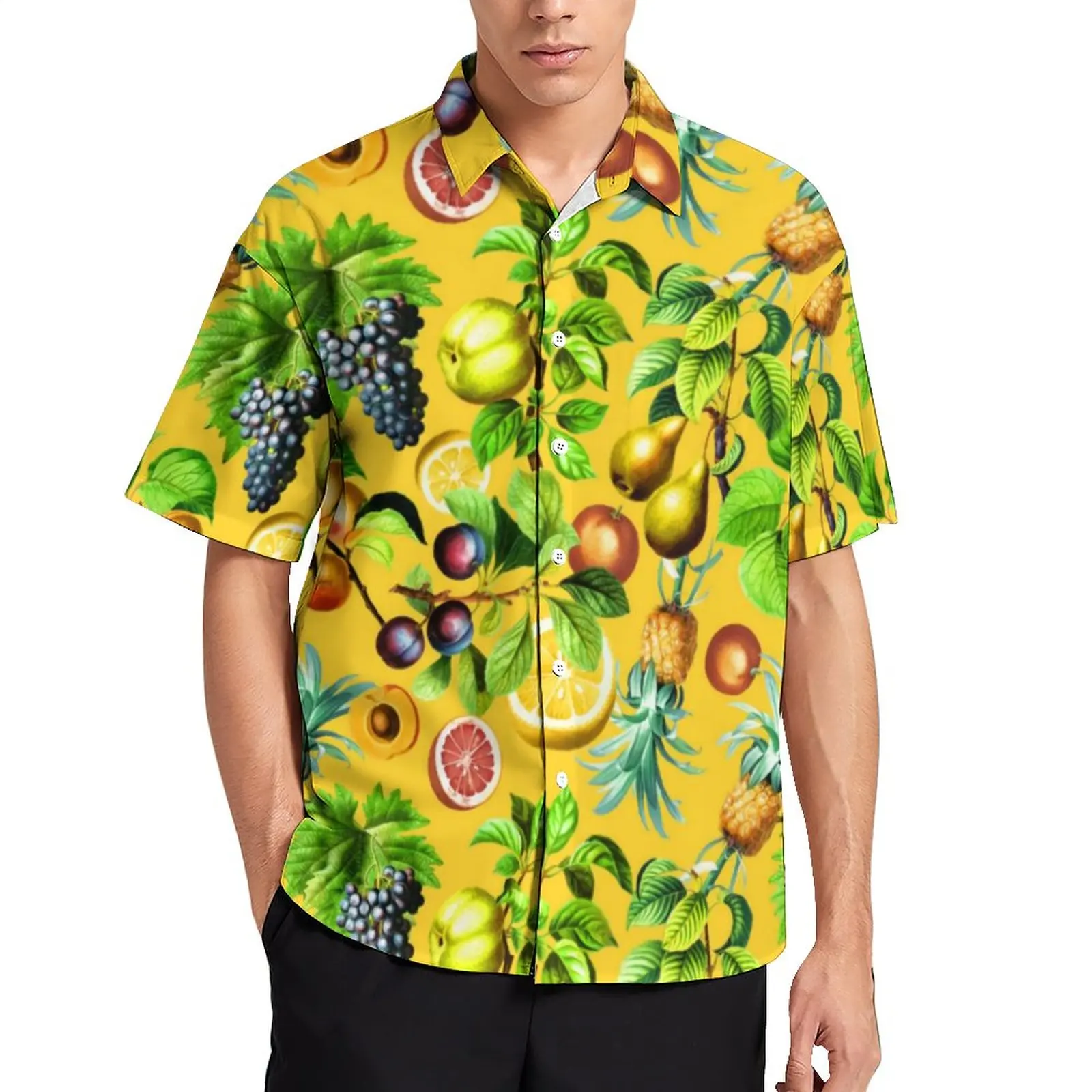 

Tropical Fruit Print Blouses Men Pineapple Lemon Casual Shirts Hawaiian Short Sleeve Streetwear Oversized Beach Shirt Gift