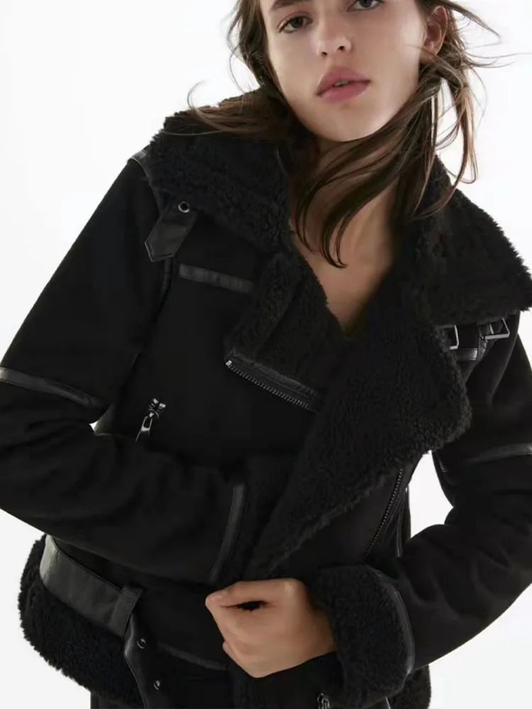 

Новая темпераментная модная повседневная облегающая женская замшевая меховая интегрированная мотоциклетная одежда, Короткая свободная куртка, пальто на осень и зиму