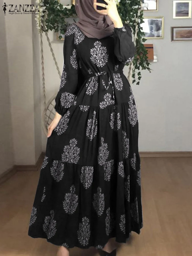 

Kaftan Printed Robe Casual Loose Dress Full Sleeve Morocco Abaya Hijab Long Dress ZANZEA Women Muslim Dresses Islamic Clothing