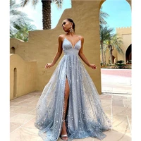 elfin arabic blue evening dresses v neck spaghetti straps tulle with stars a line prom gown party dress abendkleider dubai