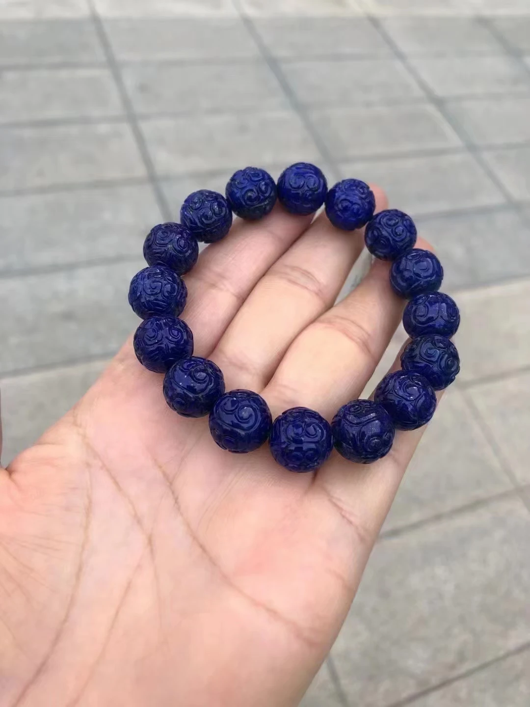 

Natural Blue Lapis Lazuli Carved Beads Bracelet Jewelry Lapis Lazuli 12.5mm Stretch Round Beads Women Men AAAAAA