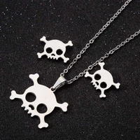 tulx stainless steel pirate skull pendant necklace for women man hip hop skeleton necklace earrings jewelry set