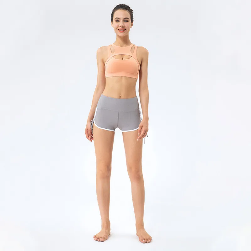 

Женский комплект из двух предметов, ударопрочное Спортивное нижнее белье для фитнеса, бюстгальтер для бега, шорты с высокой талией на шнуро...