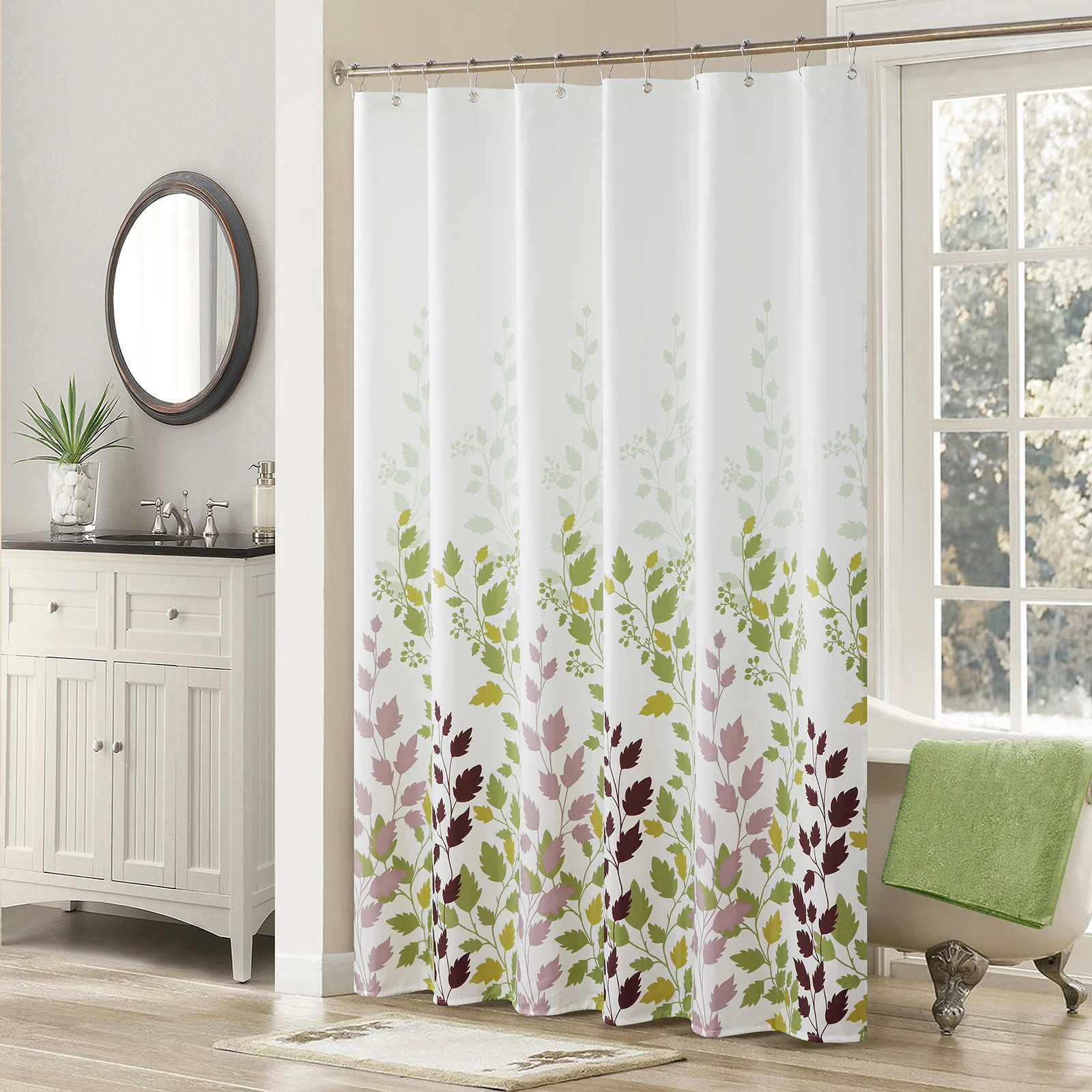

Tulip Tree Green Floral Spring Flower Polyester Fabric Ivory Plants Printed Waterproof Countryside Fresh Shower Curtain