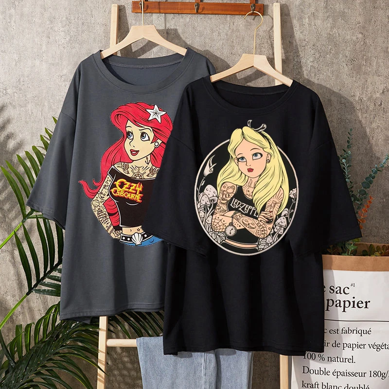 

Princess Print Alice In Wonderland T Shirt Women Black Alice Snow White Casual Short Sleeve T-shirt Femme Disney y2k Clothes Top