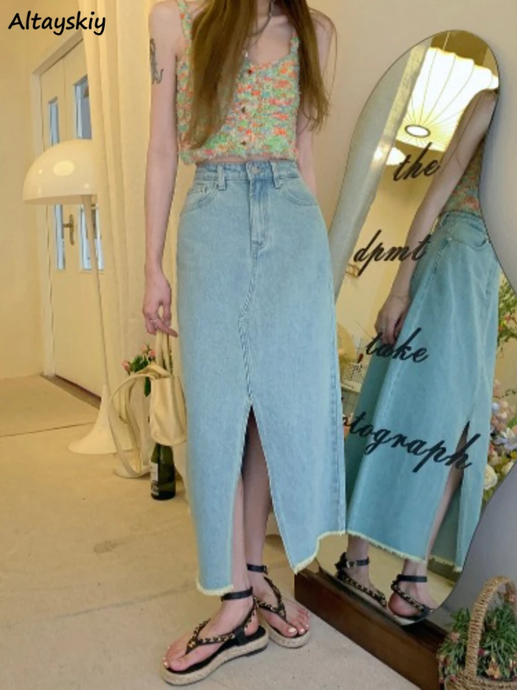 

Skirts Women High Waist A-line Fashion Summer Popular Vintage Casual Simple Solid Split Young Students All-match College Ulzzang