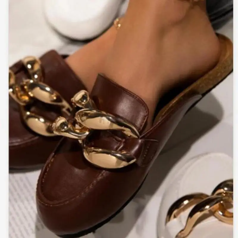 

New Brand Design Gold Chain Women Slipper Closed Toe Slip On Mules Shoes Round Toe hevxm Zapatillas Mujer Casa Flip Flop