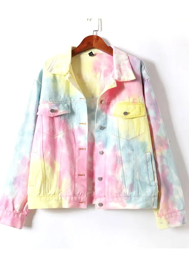 

Женская джинсовая куртка, разноцветная свободная однобортная куртка с длинным рукавом, с градиентом, в Корейском стиле, весна-осень