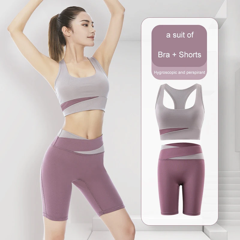

Set match color high waist abdominal compression peach buttock yoga clothes shorts set waist protection thin legs fitness bra