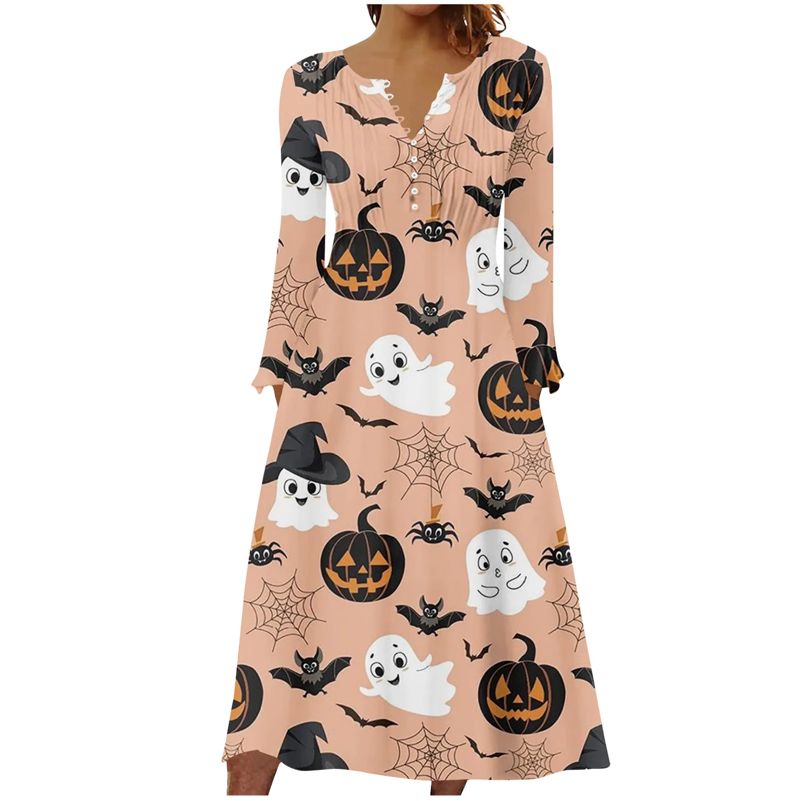 

Женское платье с длинным рукавом, круглым вырезом и принтом в виде тыквы