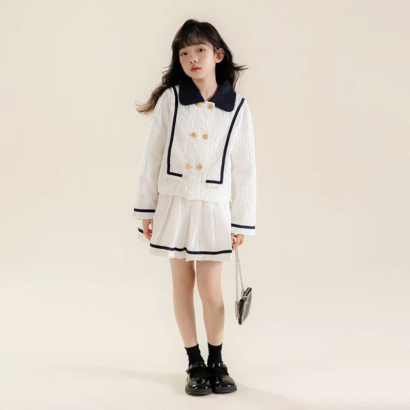 

Дизайнерские белые костюмы для девочек от 6 до 12 лет, пальто, юбка, элегантная детская одежда для детской церемонии, корейский весенний комплект 2023