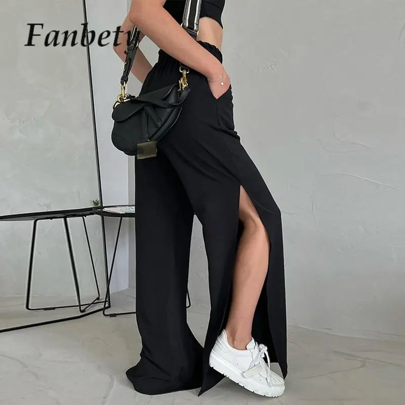 

Elastic Waist Solid Office Wear Straight Pants 2023 Autumn Loose Female Trousers Women Chic Casual High Street Slit Long Pants