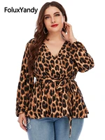 new spring autumn leopard women blouse plus size 3xl 4xl fashion sashes loose v neck long sleeve blouse cnfs83