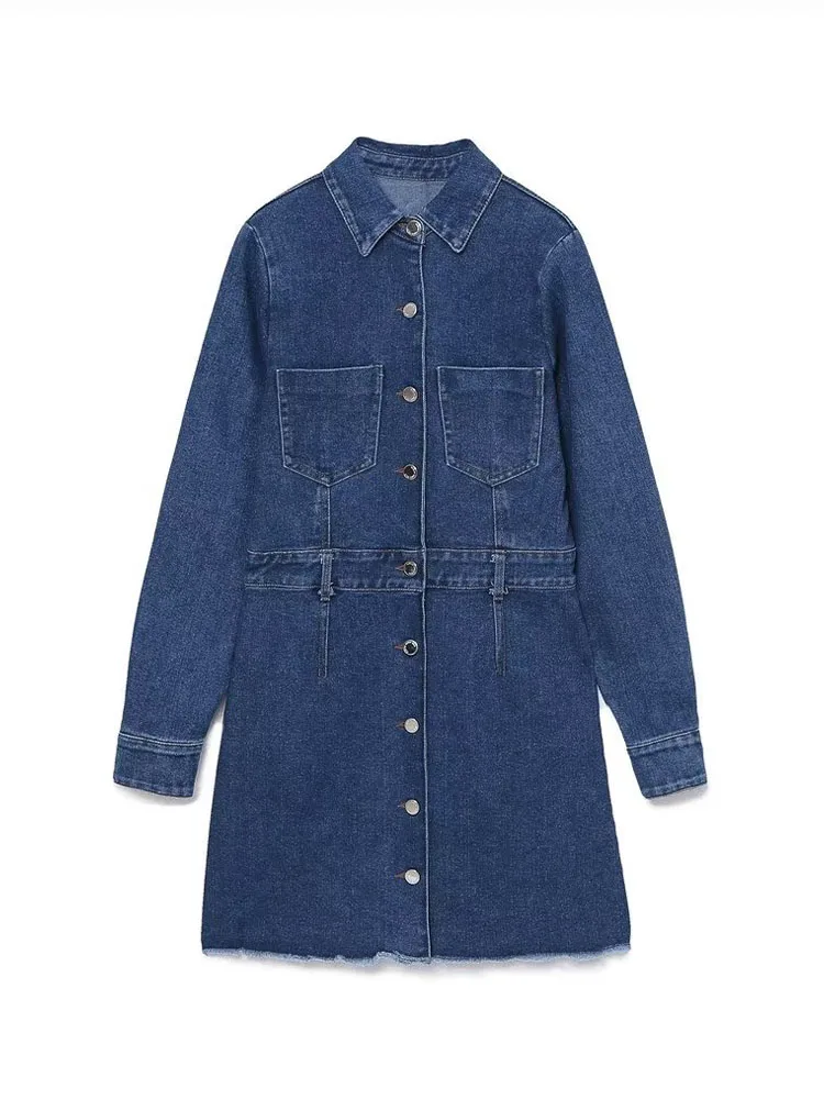 

Women 2022 Autumn New Chic Casual Fashion breasted denim Dress Vintage Long Sleeve pocket Female Mini Dresses Vestidos Mujer