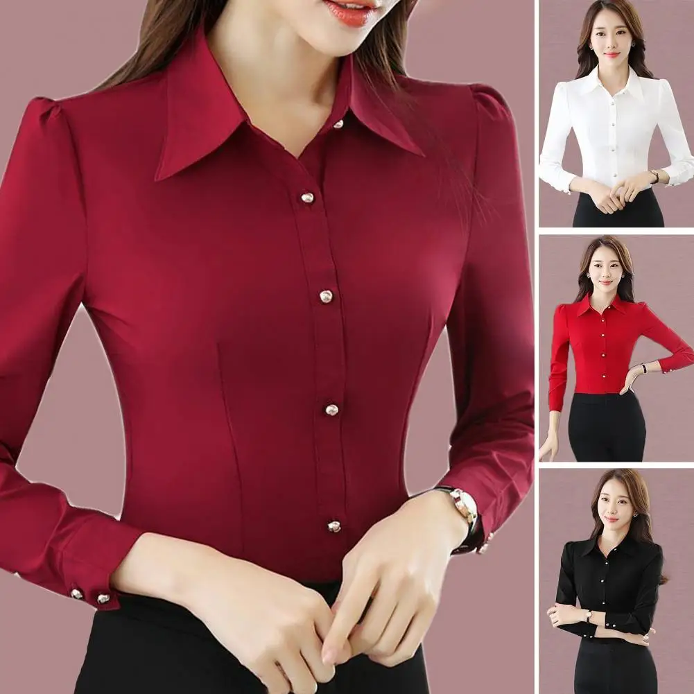 

Minimalistic Women Shirt Polyester Lady Shirt All Match Solid Color Long Sleeve Formal Shirt Enhance Beauty Image