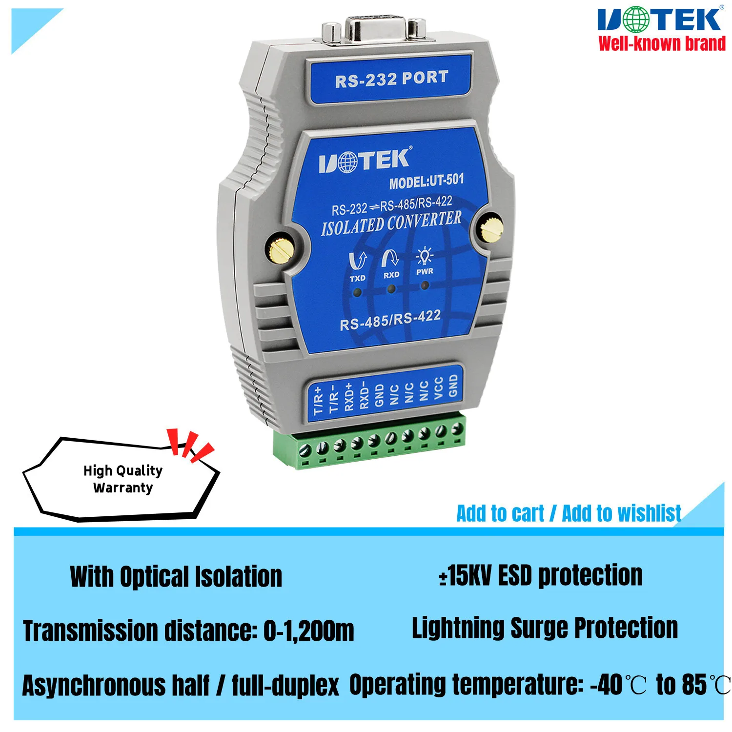 

UOTEK Industrial RS-232 to RS-485 RS-422 Converter RS485 RS422 to RS232 Adapter Serial DB9 Connector Optical Isolation UT-501