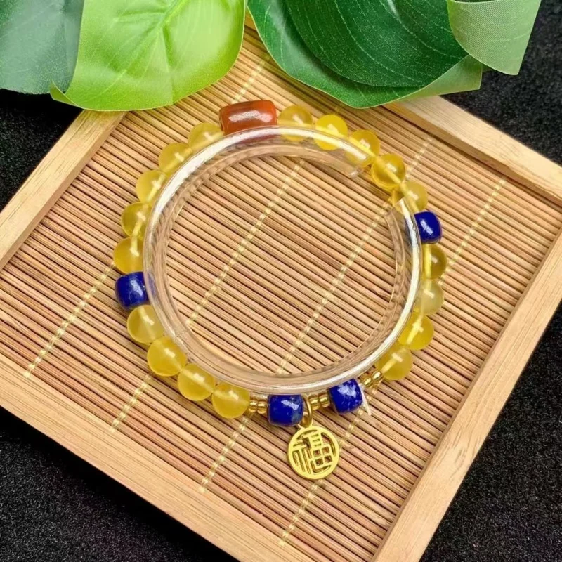 Браслет из натурального янтарного пчелиного воска с бусинами лазурита и