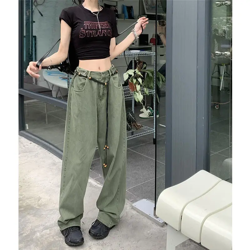 

New High-quality Design Sense Large Size Adjustable High Waist Wide-leg Jeans High Street Loose All-match Mopping Pants Tide
