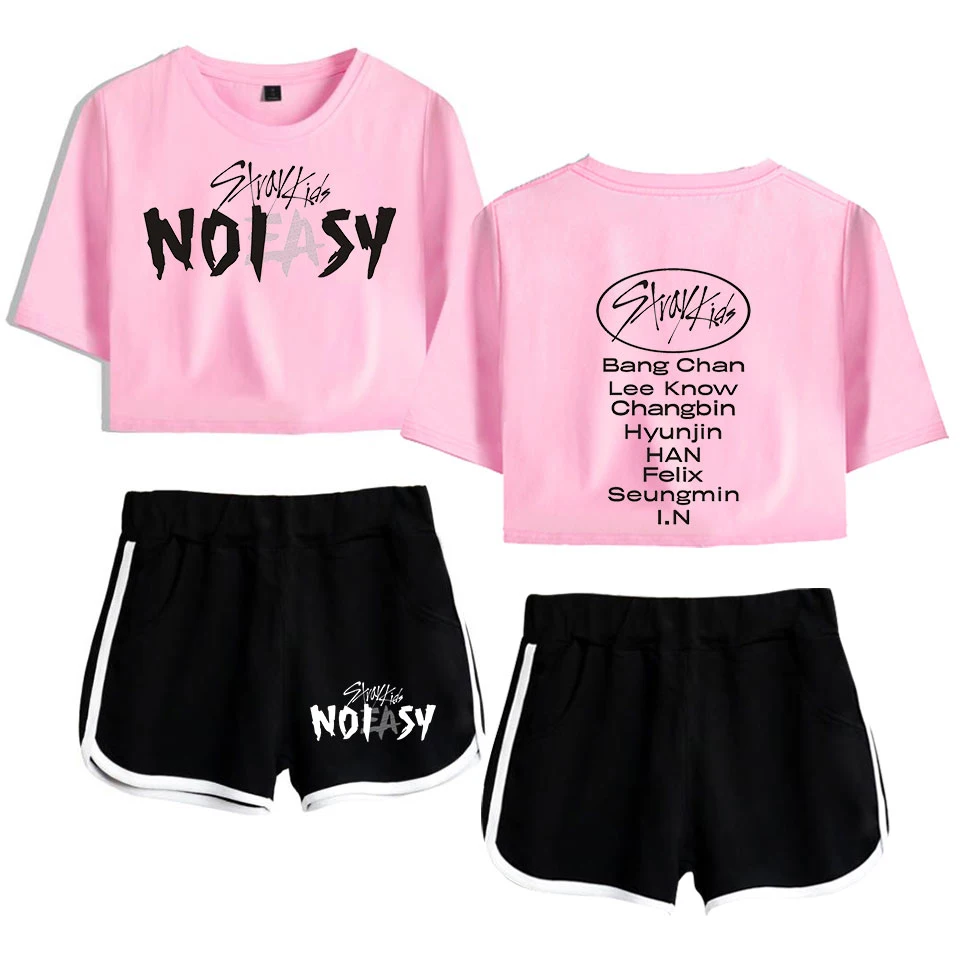 

Stray kids SKZ Noeasy T shirt Female Short Sleeve Women Crop Tops+Shorts Dew navel Pretty Girl suits Two Piece Set
