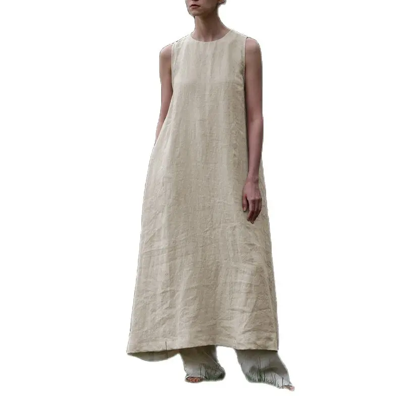 Women's Summer Cotton Linen Loose Ankle-length Dress Sleeveless Casual Backless Prairie Chic