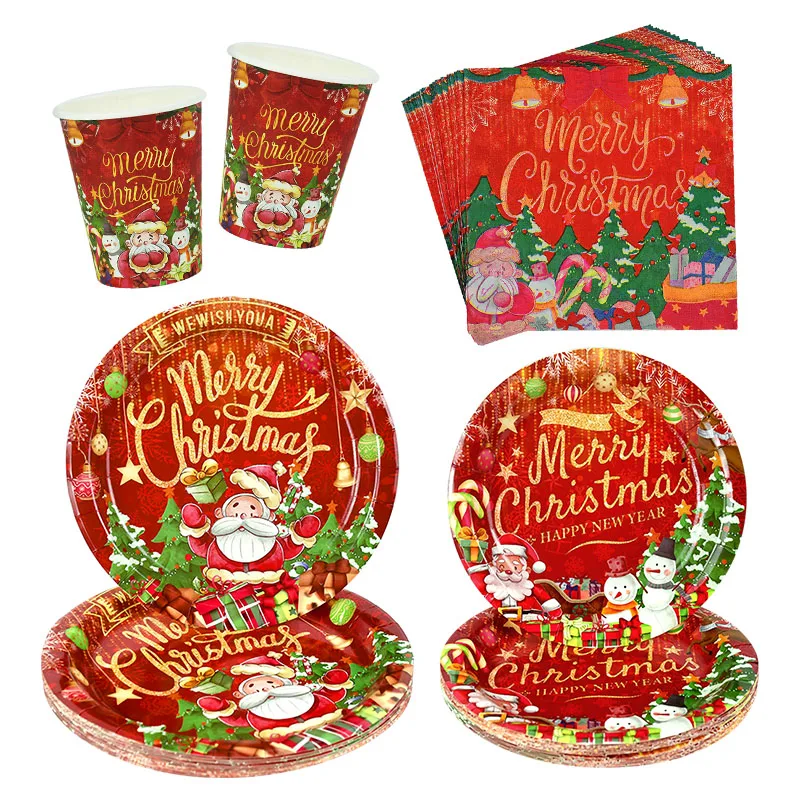 

Merry Christmas Disposable Tableware Red Santa Tree Paper Plate Cup Napkin Xmas Party Table Ornament New Year Natal Home 2023