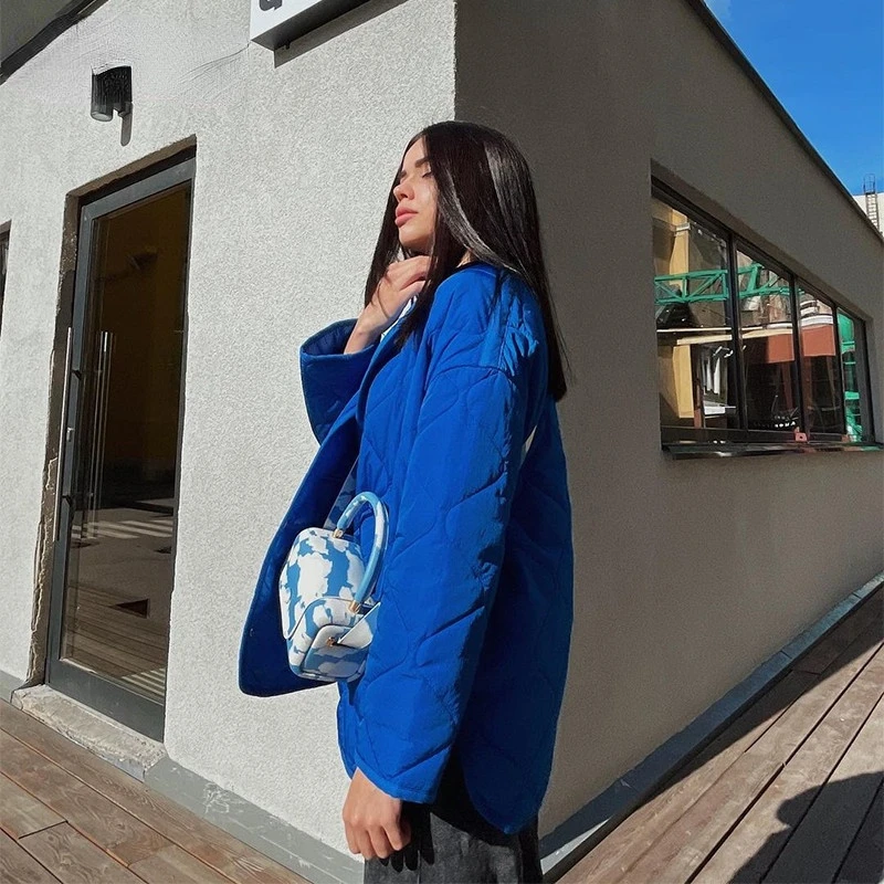 2021 Autumn and Winter New Women's Long-sleeved Warm Fashion Single-breasted Casual Loose Blue Round Neck Cotton Jacket Women