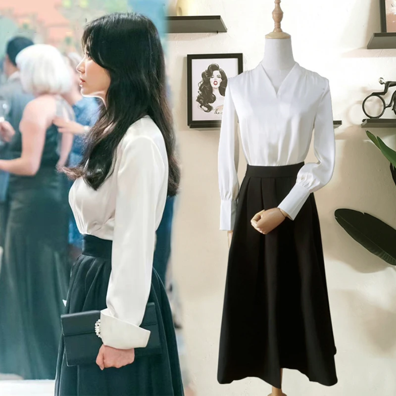 

2 Piece Set Women 2022 Korean Drama Breaking up Song Hye Kyo Elegant Blouse+ Long Skirt Two Piece Set Streetwear