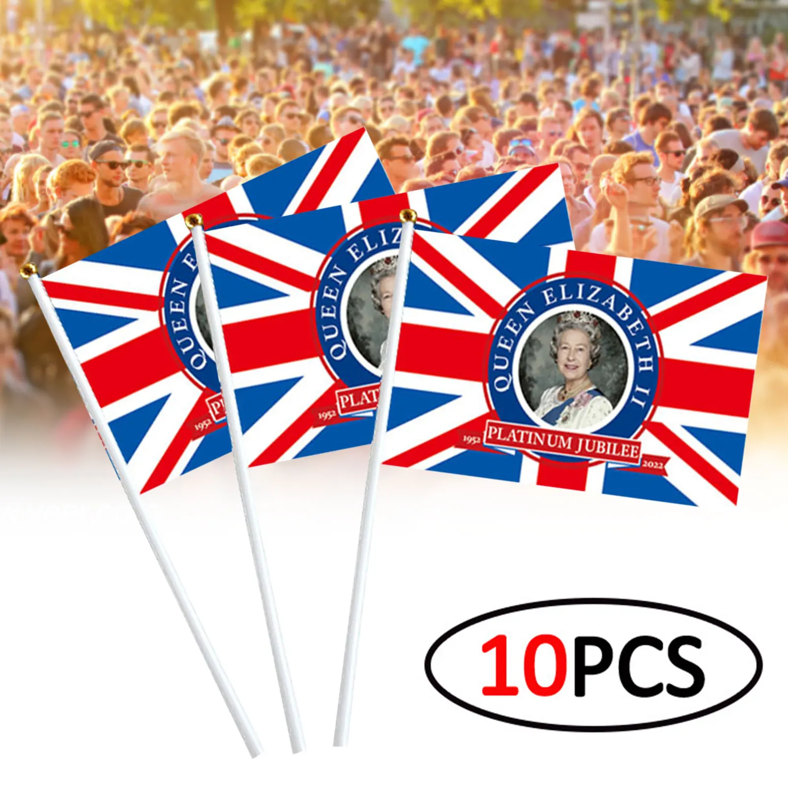

10pcs/set 2022 Union Jack Hand Waving Flag Featuring Her Majesty The Queen 70th Anniversary British Decoration for Street Party