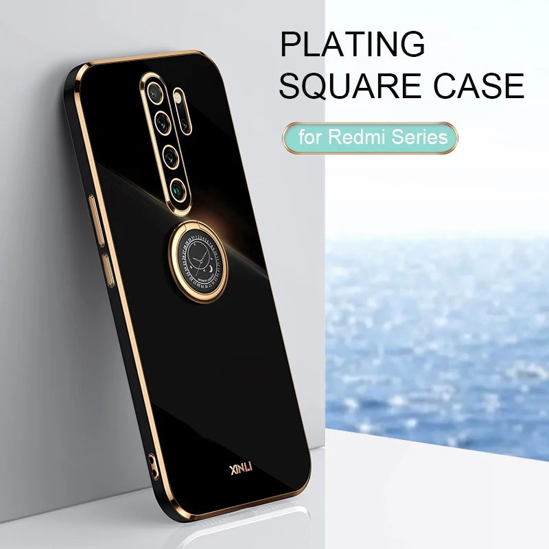 

Luxury Plating Square Finger Ring Holder Phone Case On For Xiaomi Redmi Note 8 Pro 2021 New Note8 8pro Soft Silicone Stand Cover