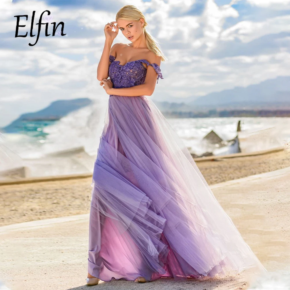 

Elfin New Arrival Off Shoulder Sweetheart Appliques Lace Zipper A-Line Tulle Prom Dress Evening Gown Vestido Formatura Longo