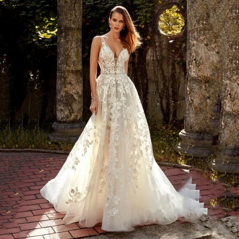 

Exquisite Appliques Wedding Dress For Women 2022 Sleeveless Backless Bridal Dress A-LINE Floor-Length Court Train Robe De Mariee
