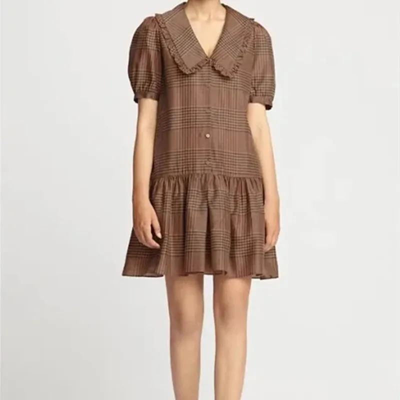 

Women Plaid Mini Dress 2022 Summer new Short Puff Sleeve Peter pan Collar Female A-line Robes