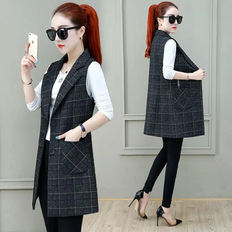 

Woman Jacket Vest Autumn Suit Female Plaid Print Coat Professional Large Size Mujer Ladies Blazer Fashion Vest Waistcoat G495
