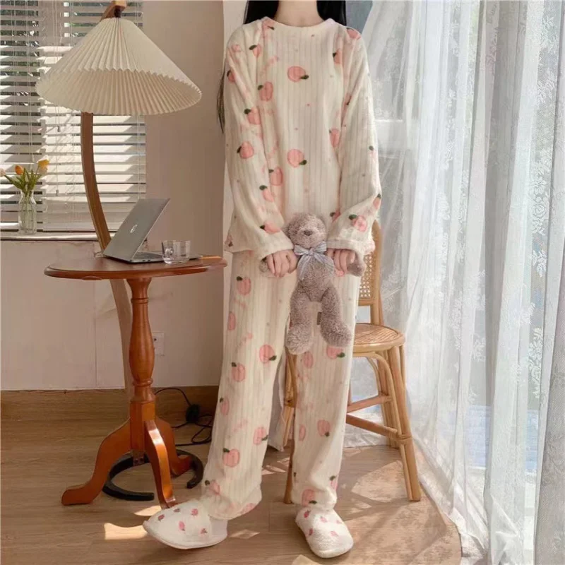 Cute Sweet Autumn Winter Warm Pajama Set Women Chic Coral Fleece Peach Print Soft Homewear Female Sleepwear Pyjamas 2 Piece Sets