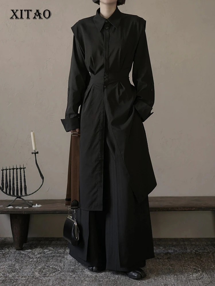 XITAO Black Casual Long Slit Female Shirt Dress Fashion Loose Simplicity Bandage Long Sleeve Shirt Dress 2023 Summer New HQQ0798