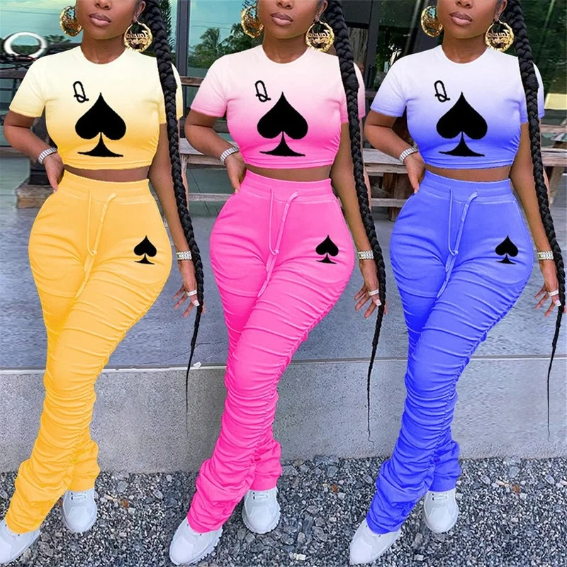 

Poker Card Print Gradient Plus Size 2 Piece Set Women Summer Tracksuit Crop Top Stacked Pants Two Pcs Outfits Matching Sets 2022